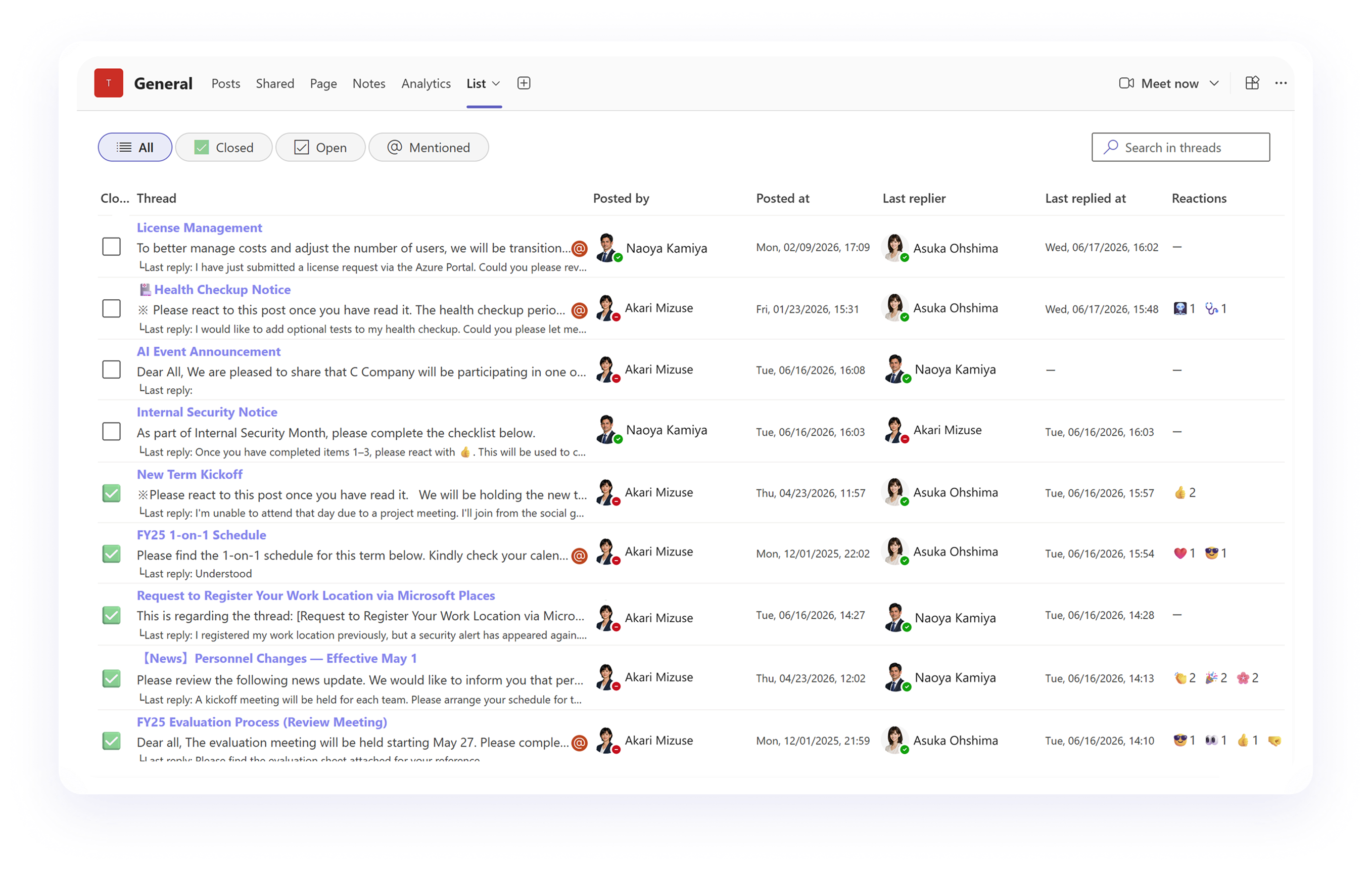 ThreadList - Thread list view UI in Microsoft Teams